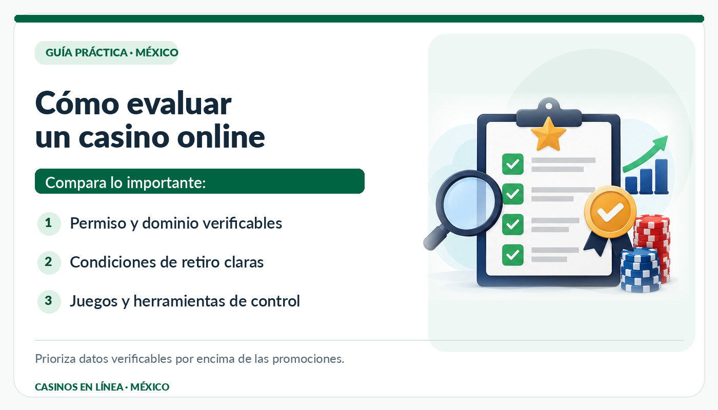 Infografía con permiso verificable, retiros claros y herramientas de control para evaluar casinos mexicanos