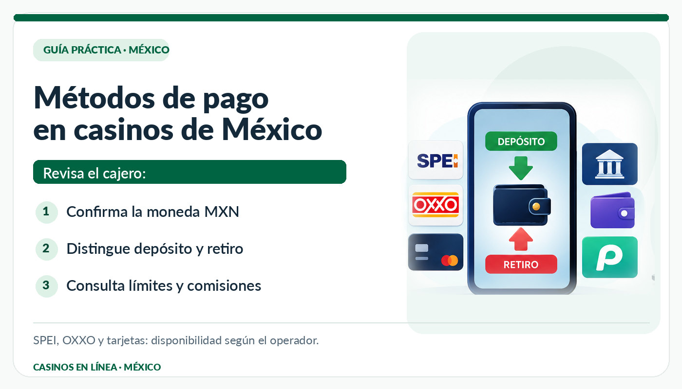 Infografía de depósitos y retiros en pesos mexicanos mediante SPEI, OXXO, tarjetas y billeteras